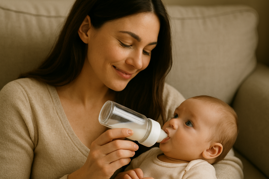 Moeder die baby voeding geeft met glazen babyfles